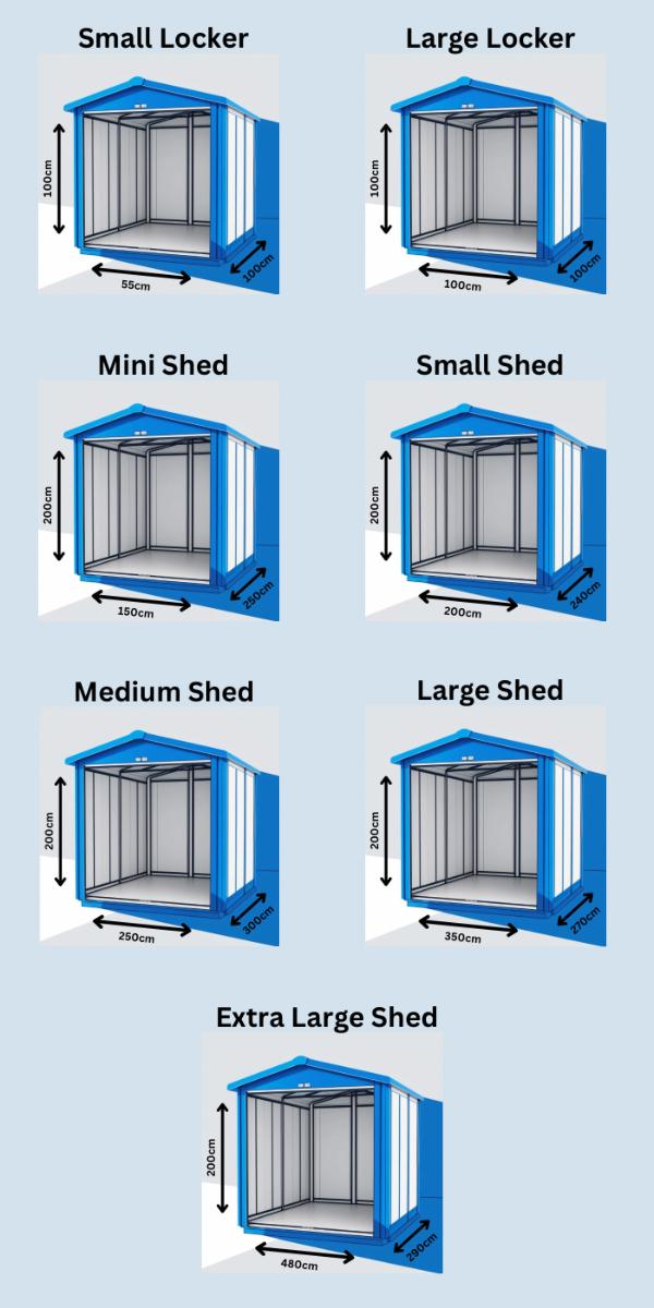 Visual comparison of all storage unit sizes